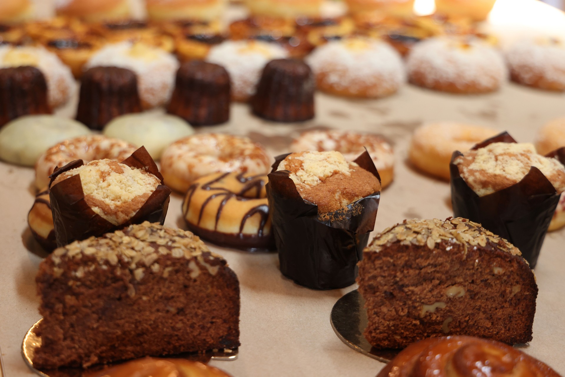 Close up of freshly baked cakes in bakery